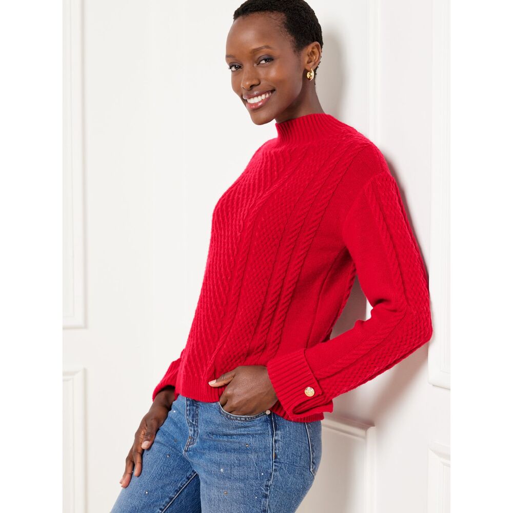 Talbots red mock turtleneck cable knit sweater with button cuff detail L
